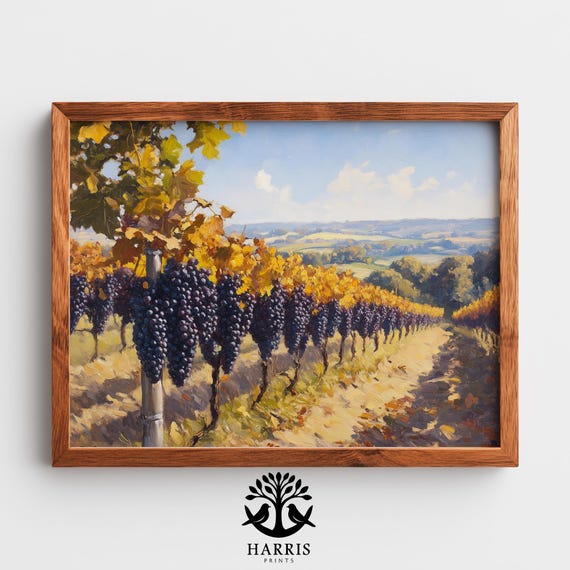 Burgundy Vineyard Wall Art Autumn Grapes Golden Vines Rustic Countryside Scene Earthy Fall Landscape 395