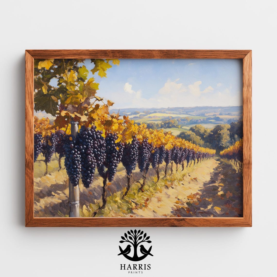 Burgundy Vineyard Wall Art Autumn Grapes Golden Vines Rustic Countryside Scene Earthy Fall Landscape 395