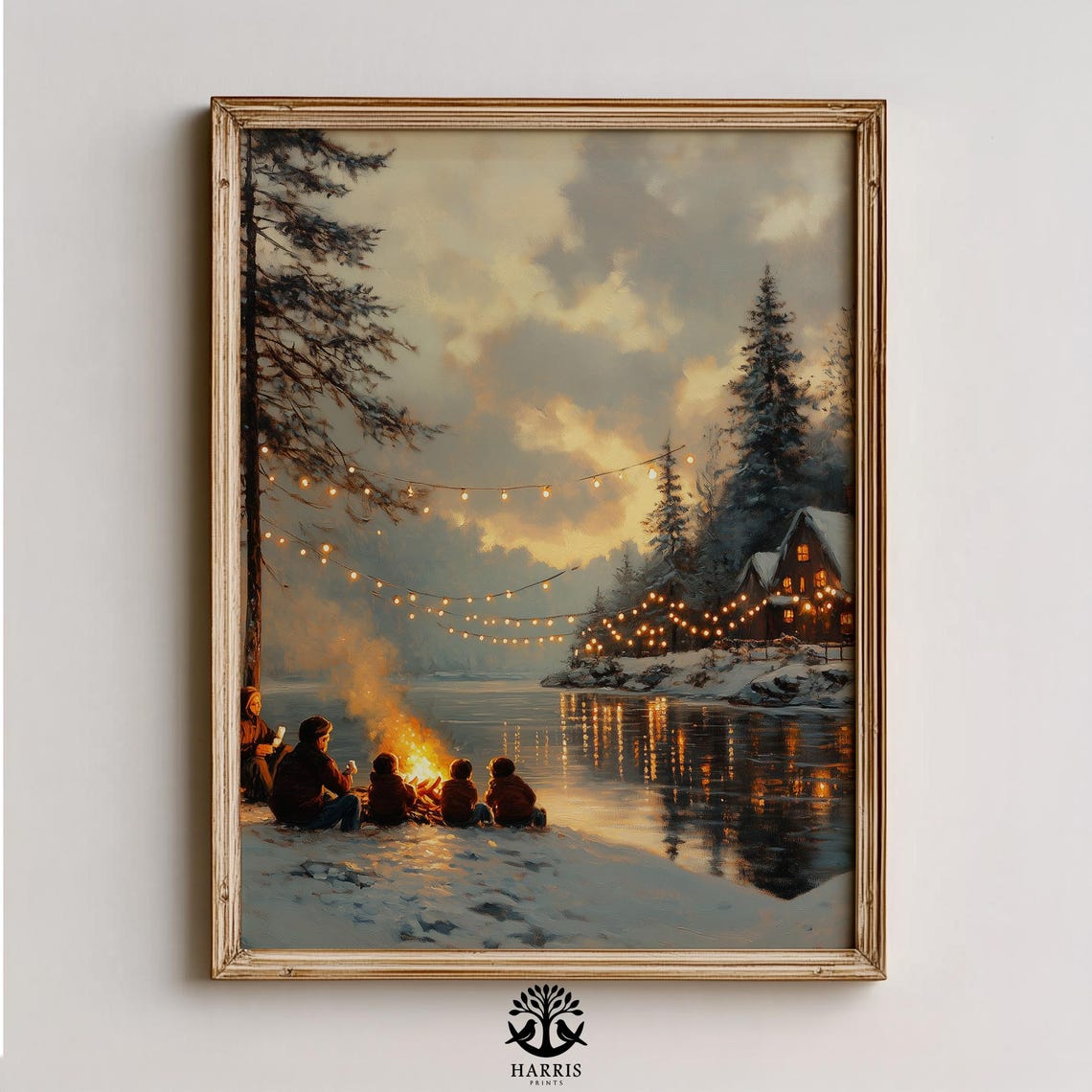 Family Campfire Snowy Lakeside Winter Evening Painting Poster