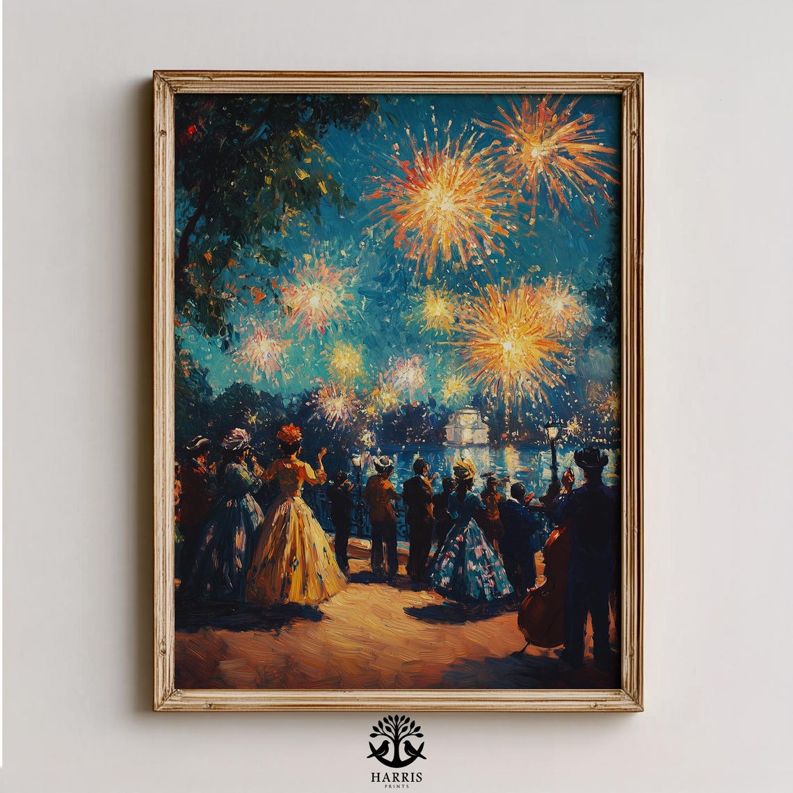 Vintage Fireworks Display Over Lake At Night With Crowd Art Poster