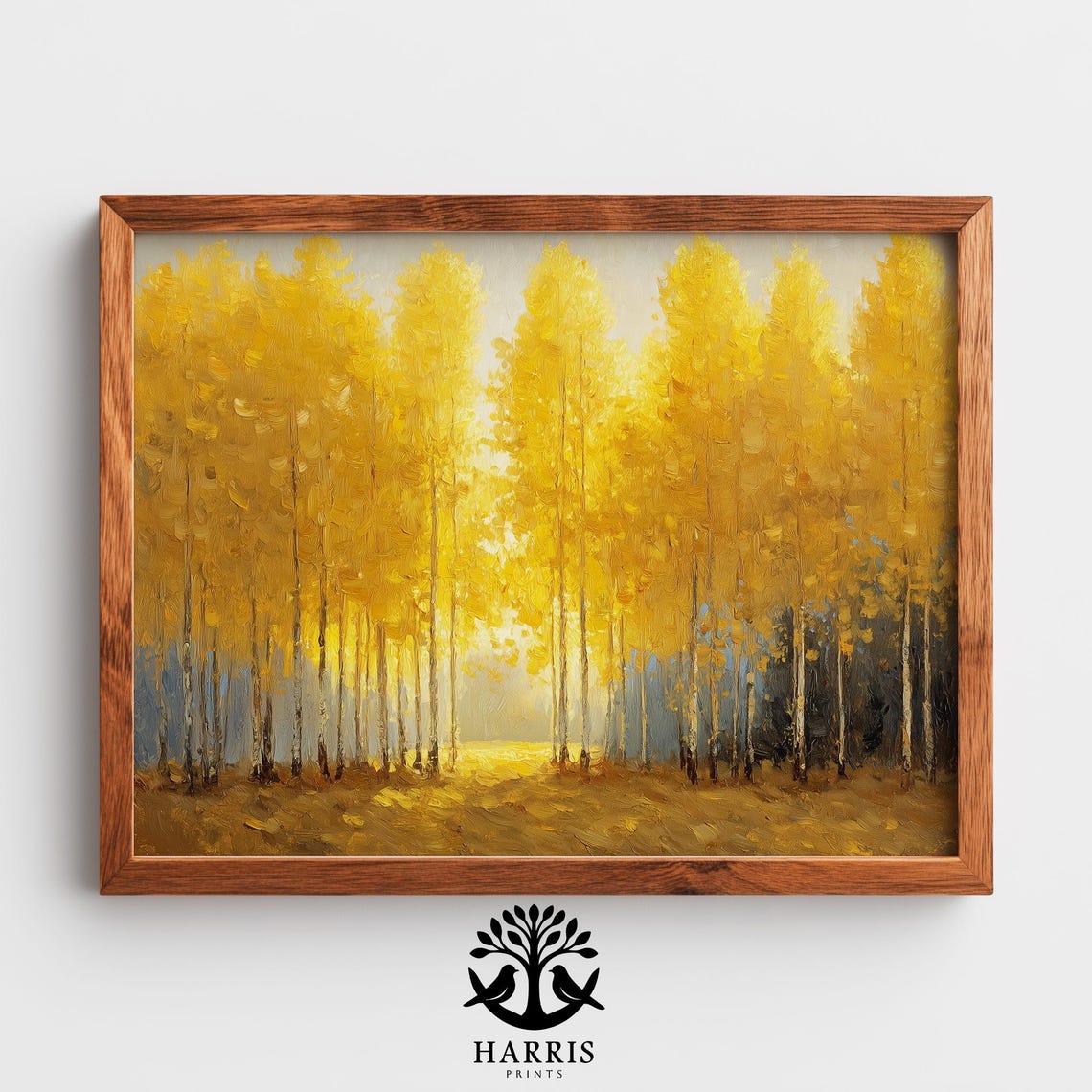 Rustic Poplar Grove Painting Sunlit Autumn Trees Golden Leaves Cozy Fall Landscape For Cottage Wall Art Decor 308