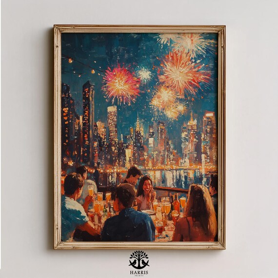 Festive Rooftop Party Urban Nightscape With Fireworks Lively City Skyline Moody Night Art Wall Decor 388