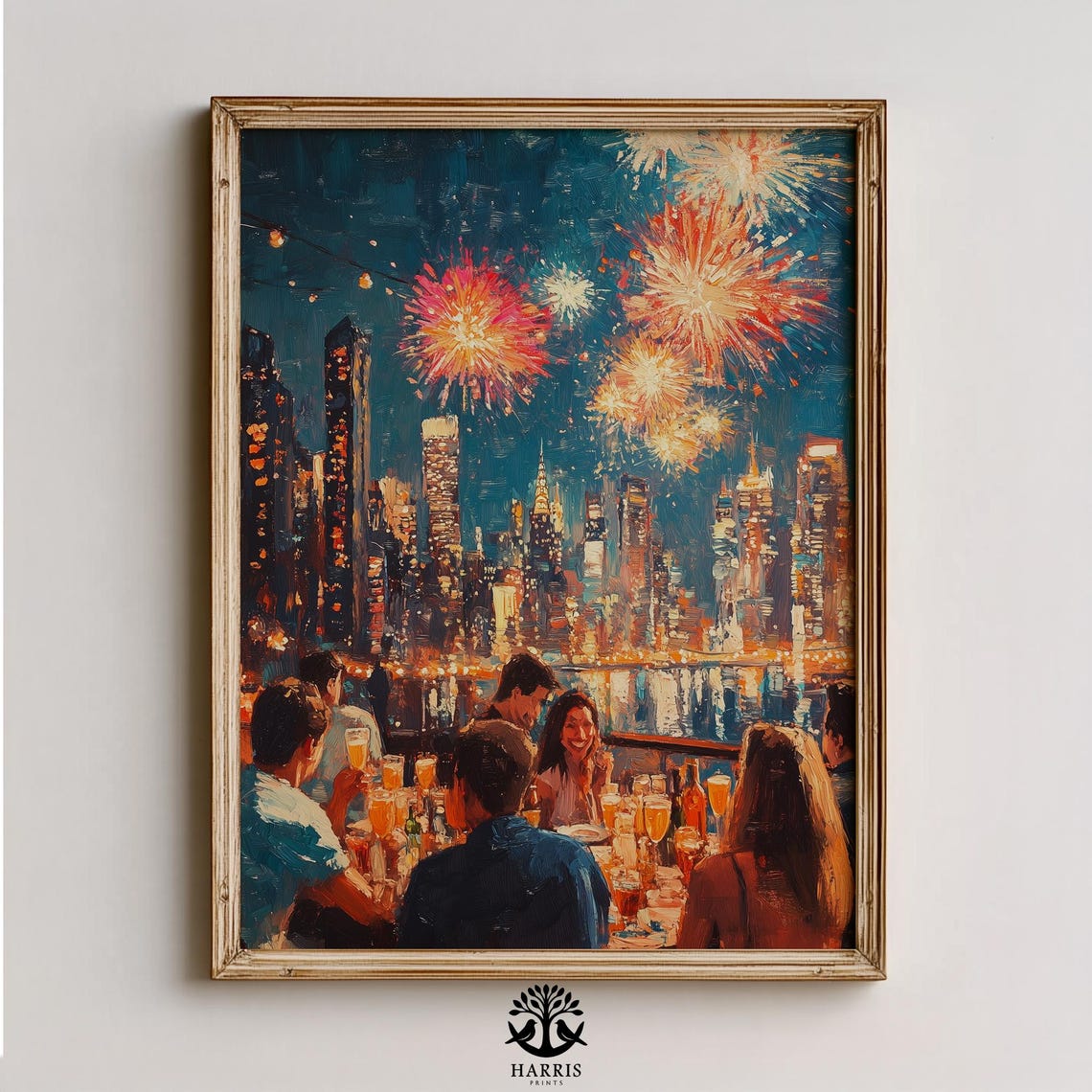 Rooftop Champagne Party Friends Fireworks Over City Skyline Print