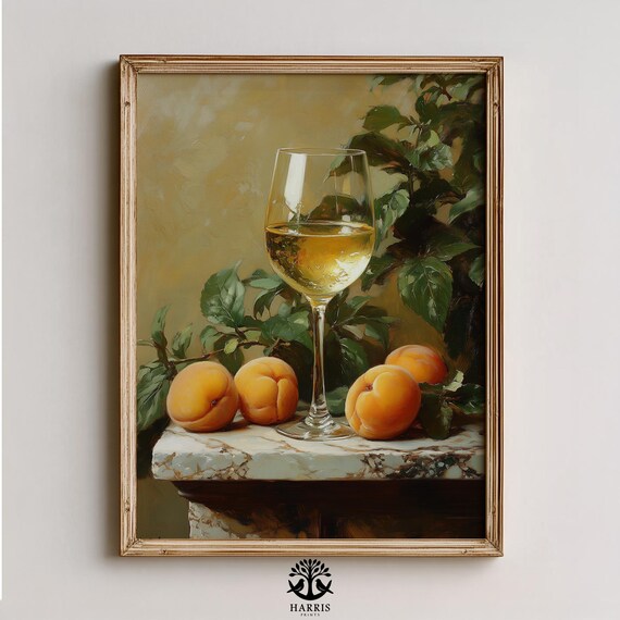 White Wine Glass and Apricots Vintage Still Life Oil Painting Art Print
