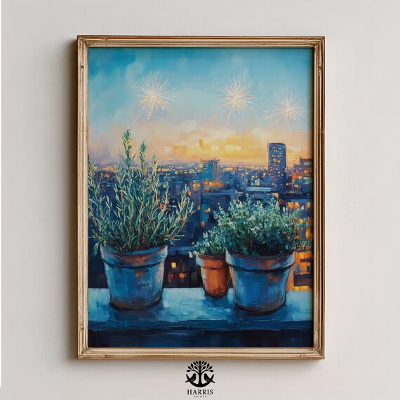 Rooftop Herb Garden Painting Minimal Botanical Urban Art Moody City Scene Cozy Terracotta Decor 418