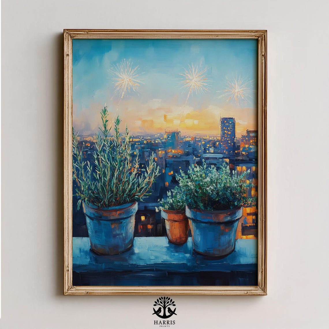 Rooftop Herb Garden Pots Fireworks City Skyline Night Poster