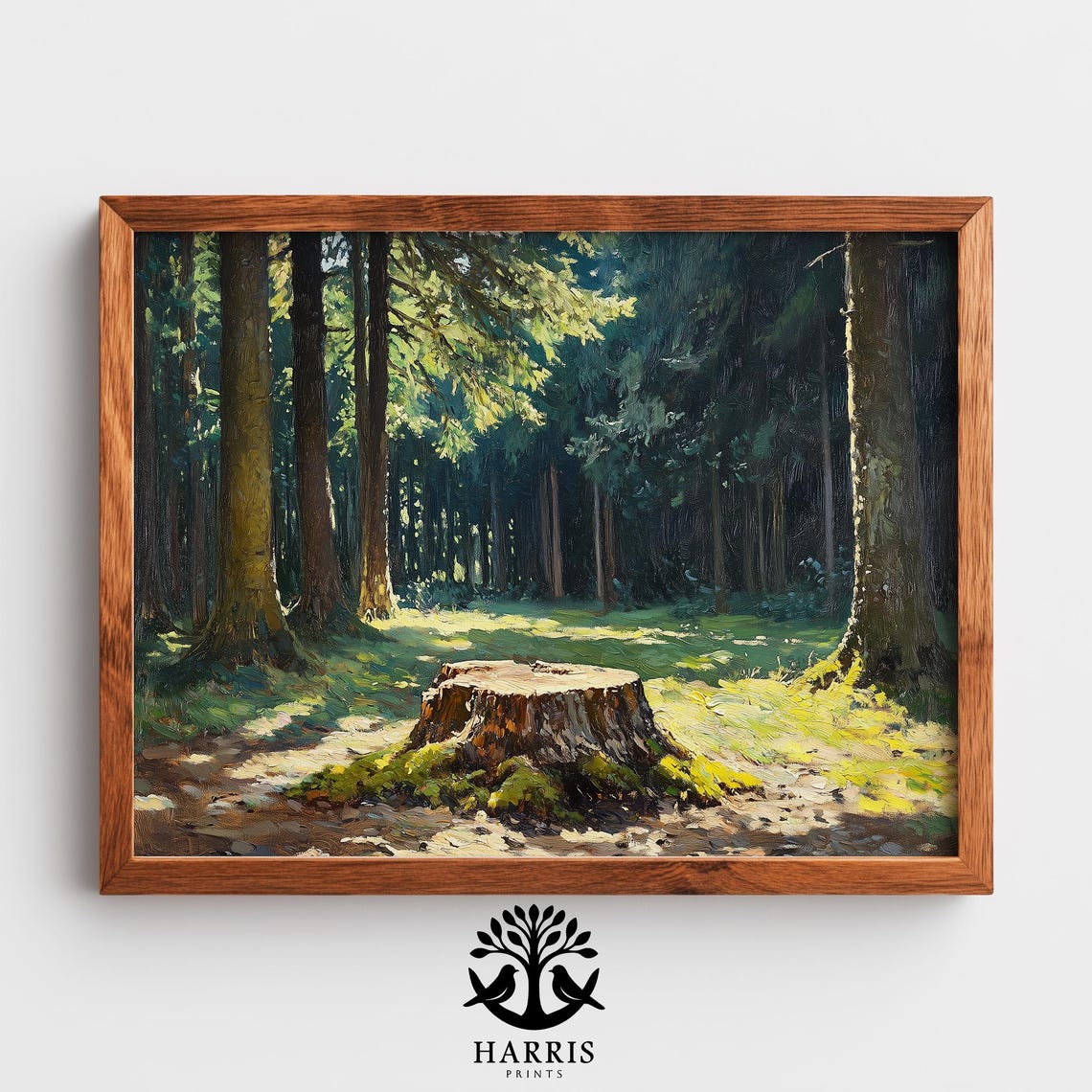 Sunlit Pine Forest Clearing Mossy Stump Tranquil Woodland Art Print