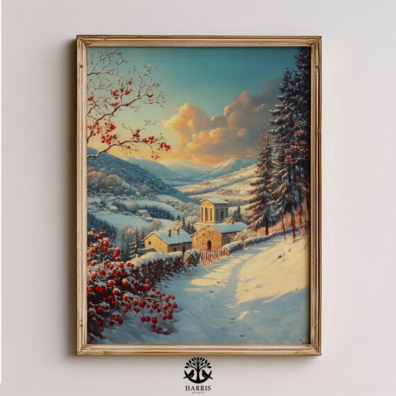 Snowy Winter Village Stone Cottages Church Sunset Mountain Painting Poster
