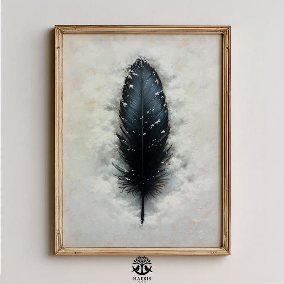 Moody Winter Feather Painting Rustic Crow In Snow Minimalist Neutral Wall Art Calm Landscape 466
