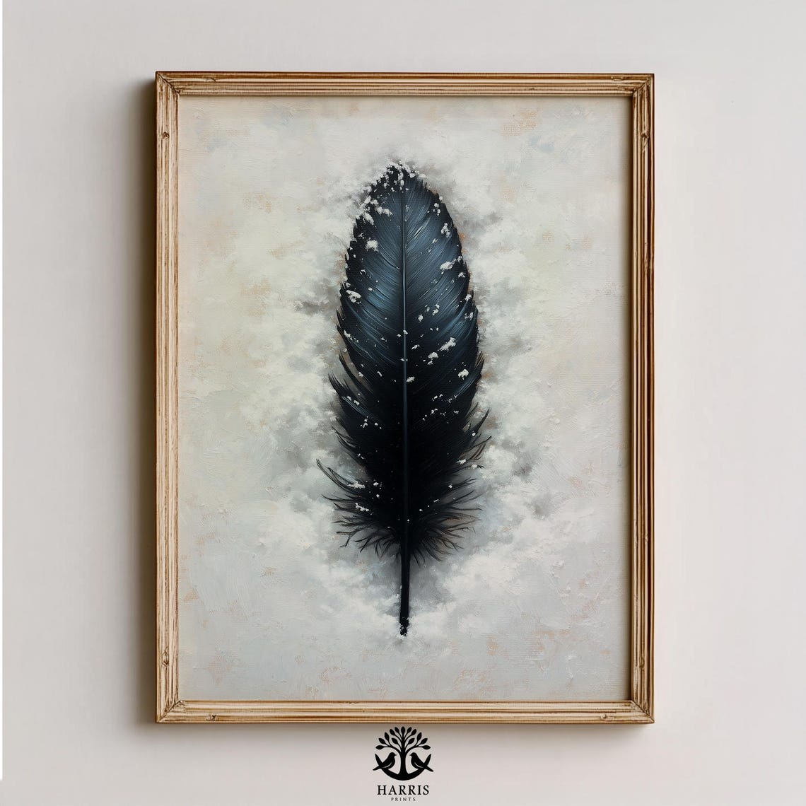 Snow Dusted Black Feather Winter Minimalist Wildlife Painting Poster
