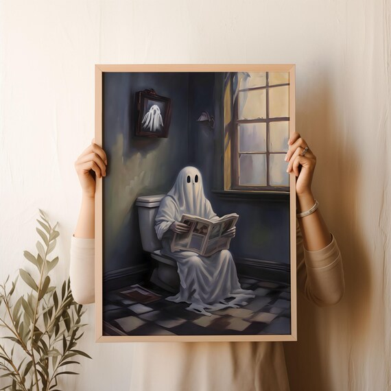 Ghost Sitting On Toilet Reading Paper Funny Bathroom Art Poster