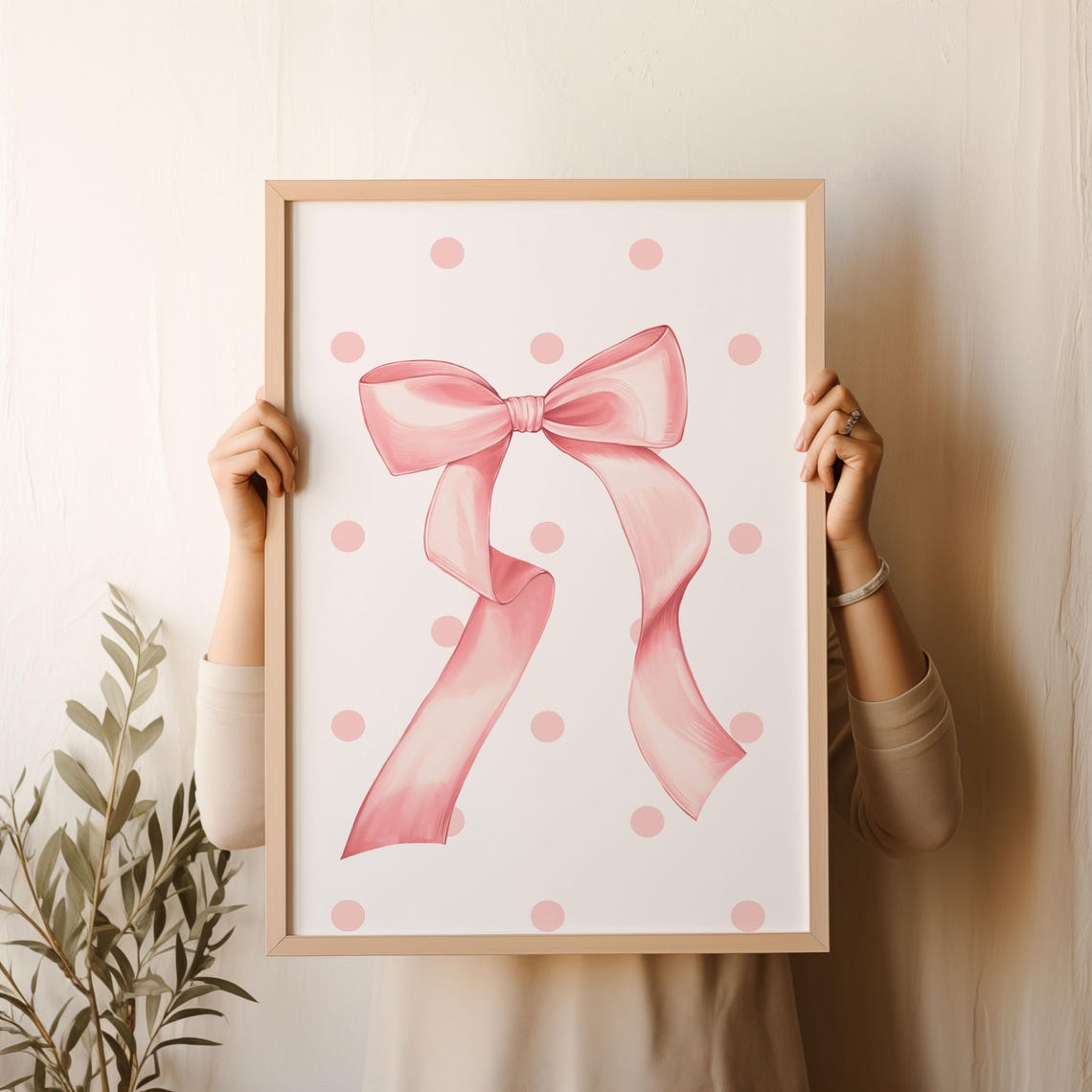 Pink Satin Bow Watercolor With Polka Dots Coquette Nursery Wall Print
