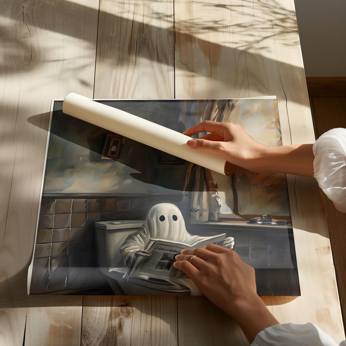 Funny Ghost On Toilet Reading Newspaper Bathroom Halloween Poster - Image 2