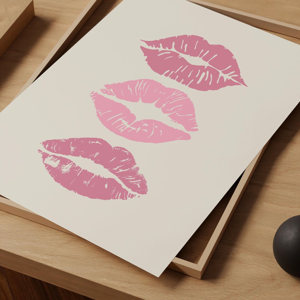 Pink Lipstick Kiss Marks Trio Feminine Vanity Beauty Wall Art - Image 2