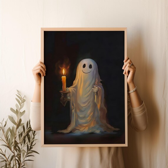 Ghost Holding A Candle Halloween Home Decor Abstract Cute Ghost Oil Painting Vintage Aesthetic Dark Academia Art Cottagecore