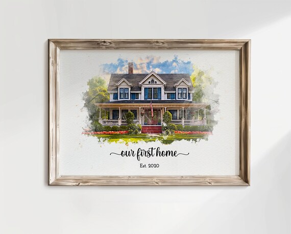 Our First Home Est 2020 Watercolor House Portrait Housewarming Wall Art