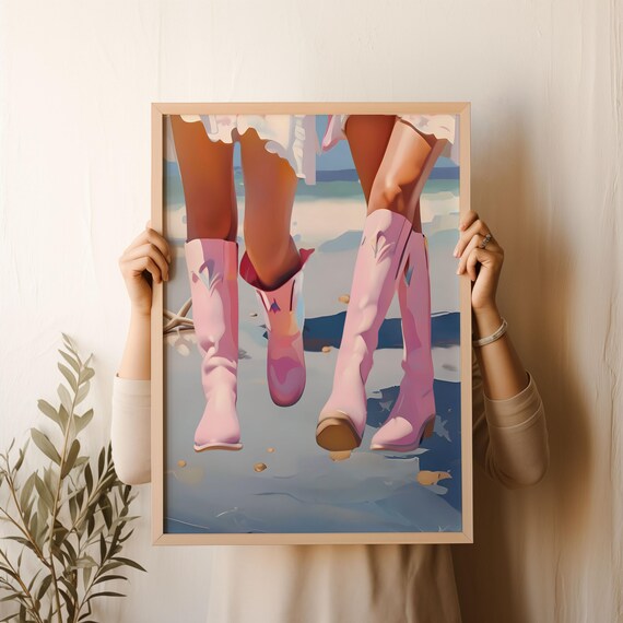 Pink Cowgirl Boots Beach Walk Coastal Western Style Art Poster