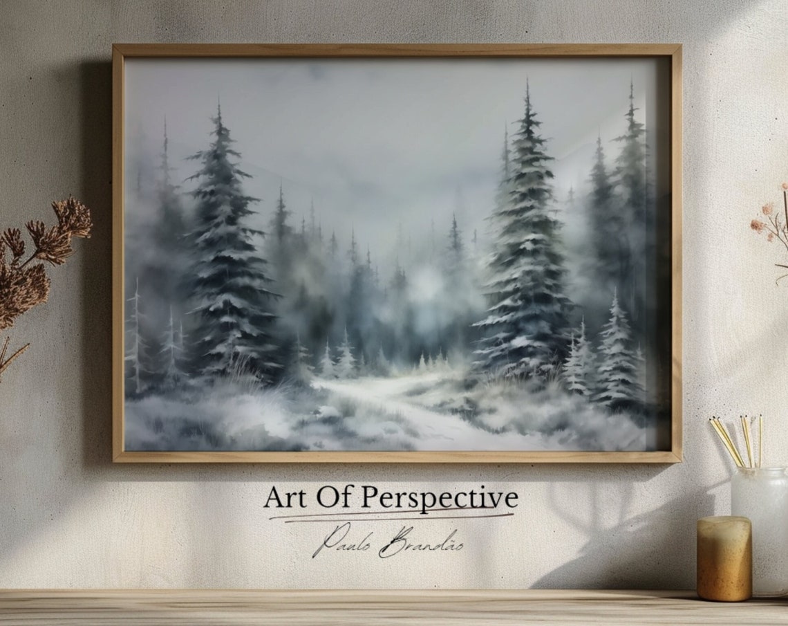 Misty Snowy Pine Forest Winter Landscape Watercolor Style Poster