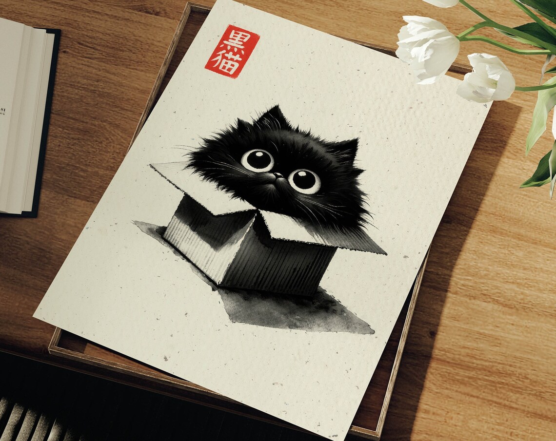 Black Cat In Cardboard Box Japanese Ink Style Cute Animal Print