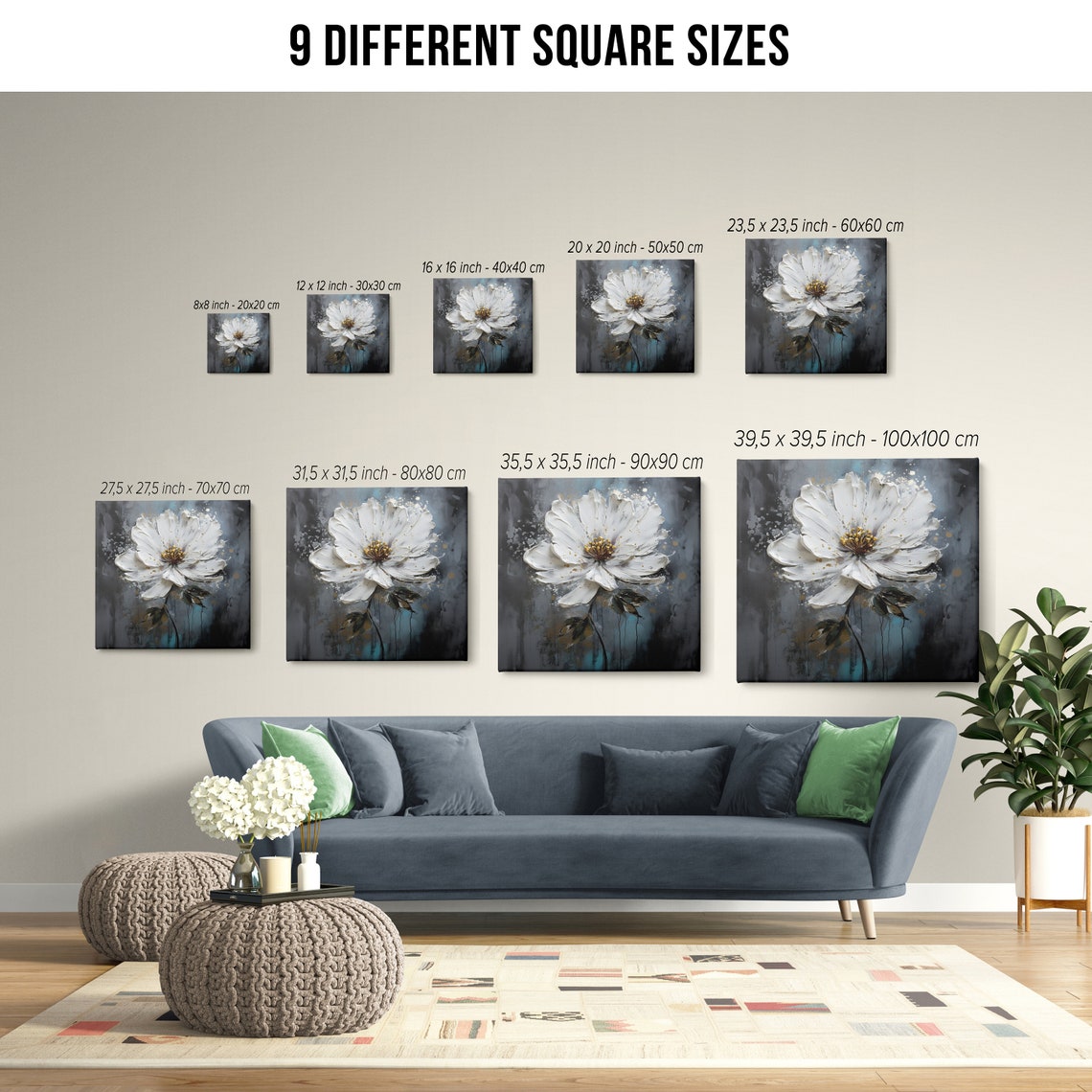 Giant White Cosmos Flower Gold Splatter Dark Blue Painting Wall Art - Image 2