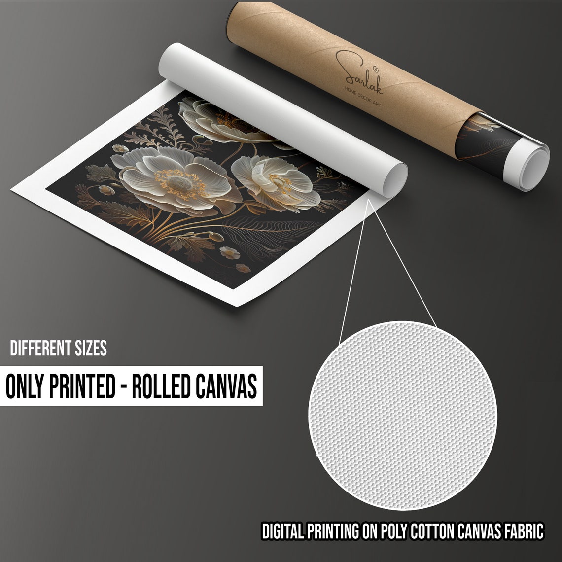 White 3D Floral Bloom Gold Detail Black Background Elegant Wall Art - Image 3