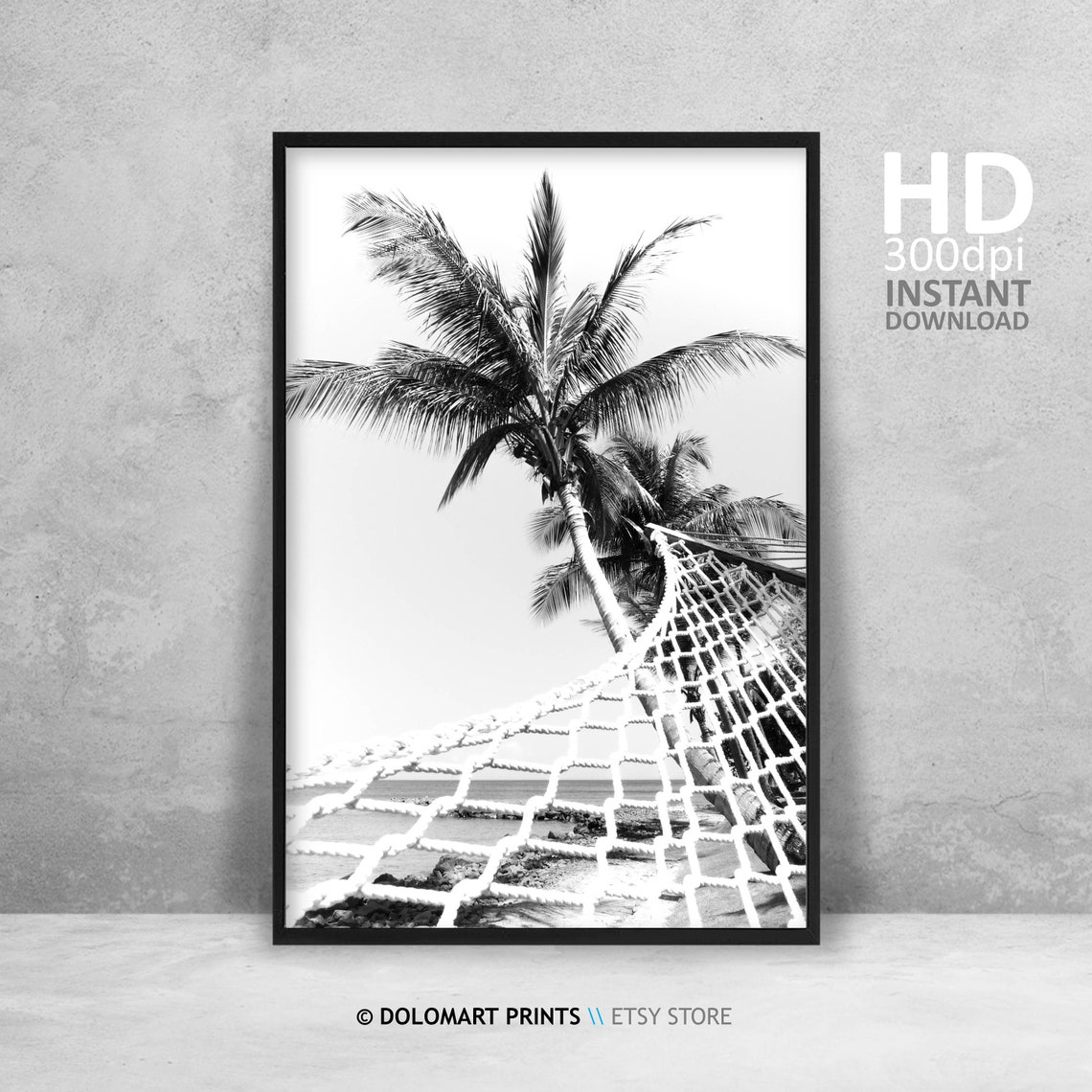 Hammock Under Palm Tree Black and White Beach Photography Poster - Image 4