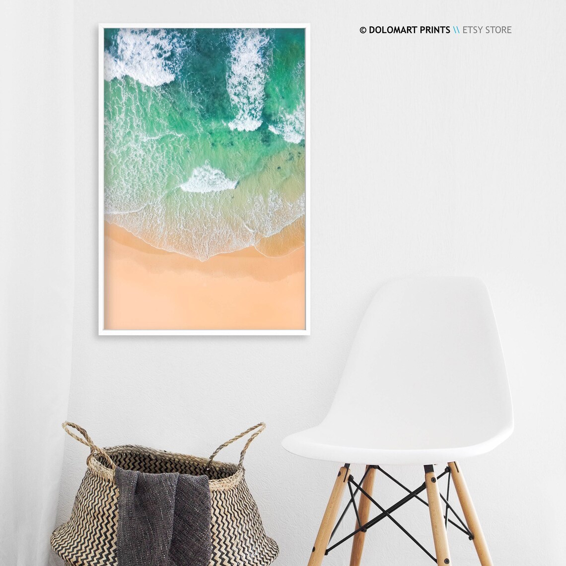 Aerial Sea Foam Patterns Over Turquoise Waves Peach Sand Photography Poster - Image 3