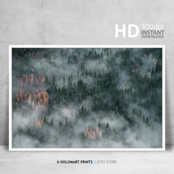 Modern Minimal Forest Print Large Format Woods Wall Art Misty Mountain Trees Horizontal Landscape Poster Contemporary Green Art