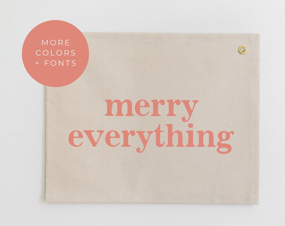 Merry Everything Coral Serif Christmas Canvas Flag Seasonal Wall Art