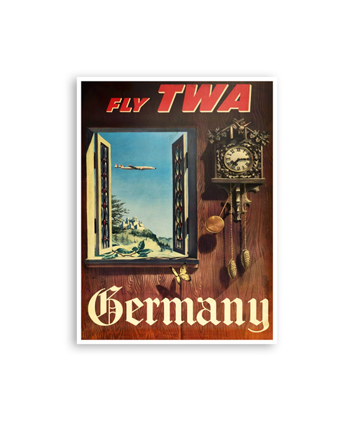 Fly TWA Germany Cuckoo Clock Window Vintage Travel Poster Art