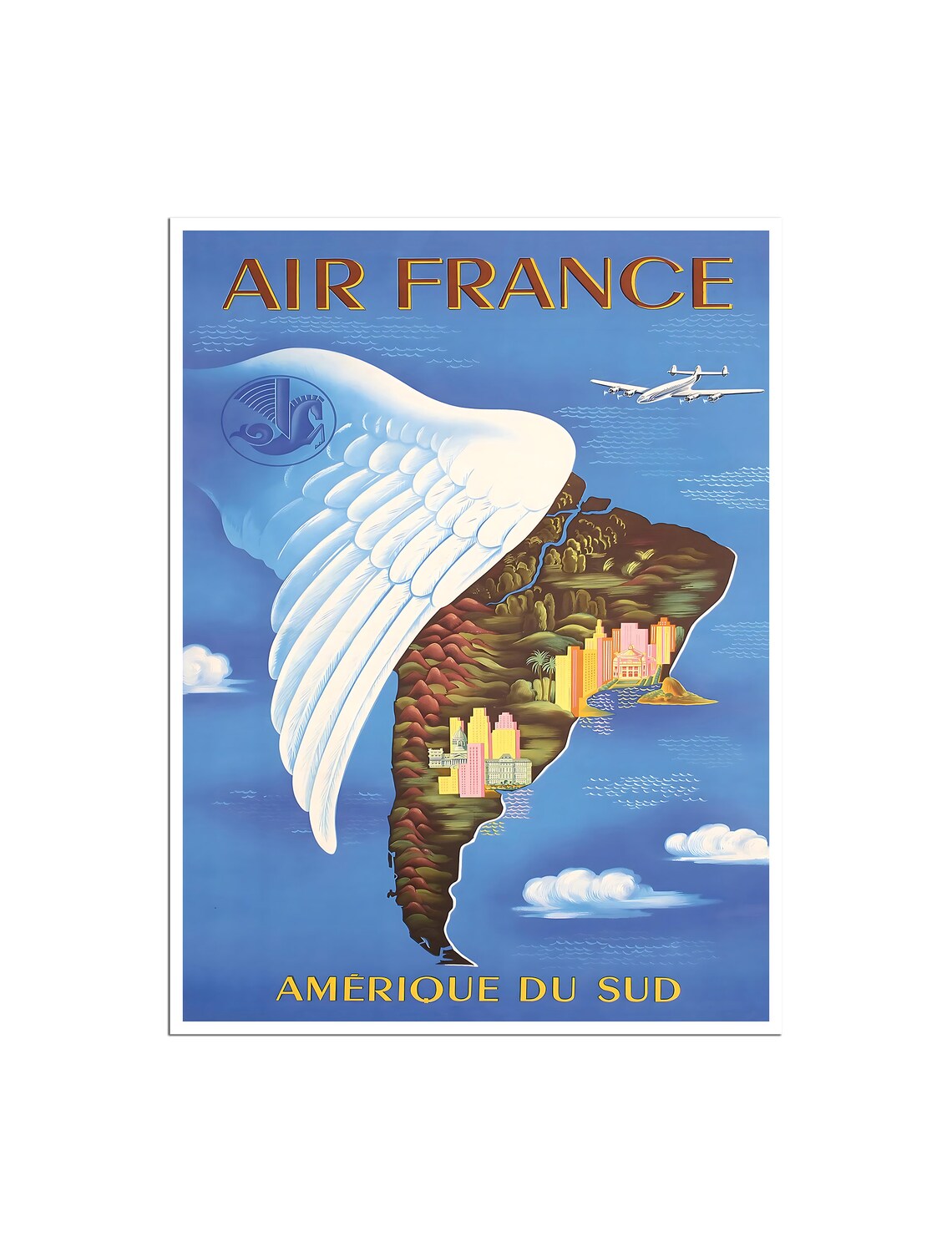 Air France South America Wing Map Vintage Airline Travel Poster