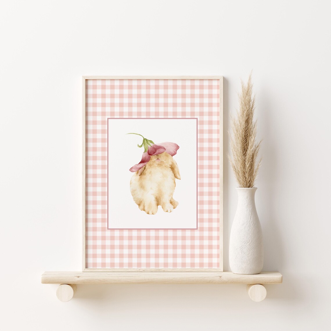 Gingham Bunny Watercolor Poster Pink Floral Nursery Cute Rabbit Art