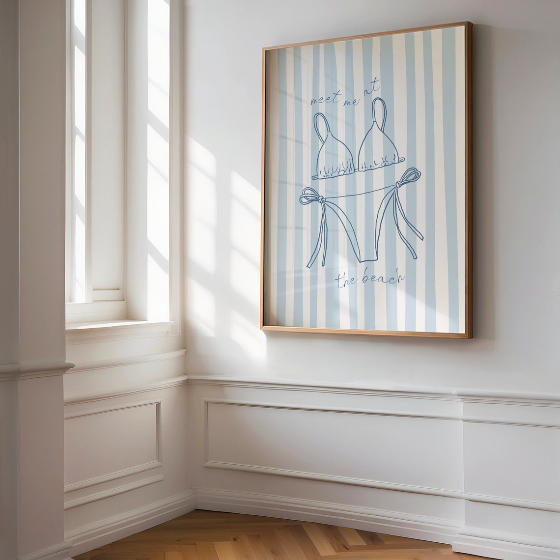 Meet Me At The Beach Blue Bikini Striped Coastal Summer Wall Poster - Image 2