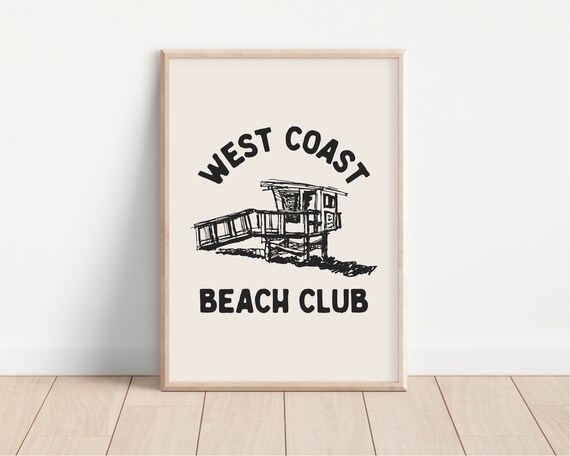 West Coast Beach Club Poster Lifeguard Tower Sketch Coastal Art Design