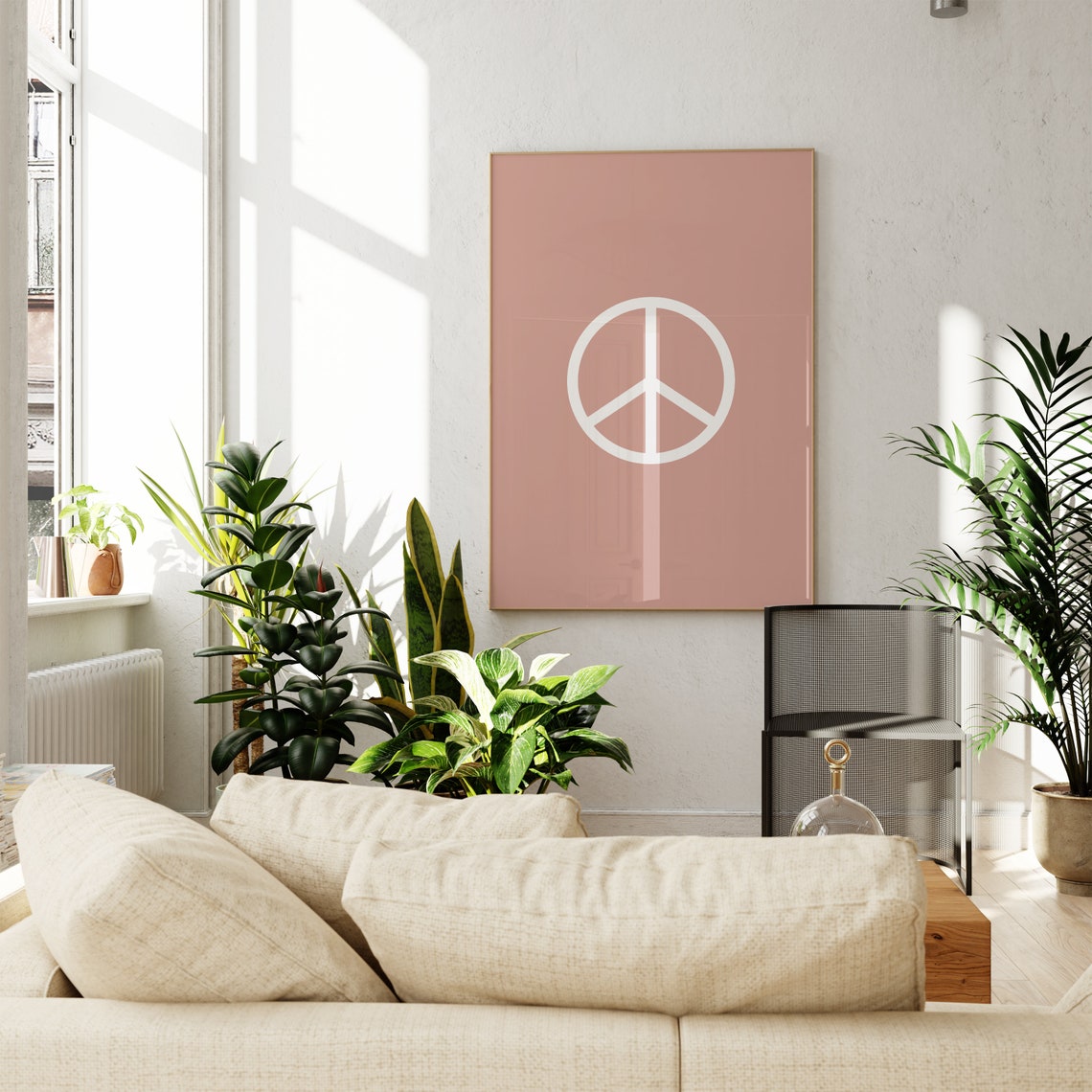 White Peace Sign Dusty Pink Minimalist Boho Symbol Decor Poster - Image 3