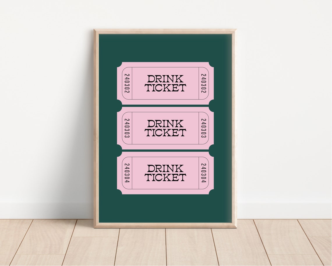 Pink Drink Ticket Trio Dark Green Retro Party Bar Print Decor - Image 2