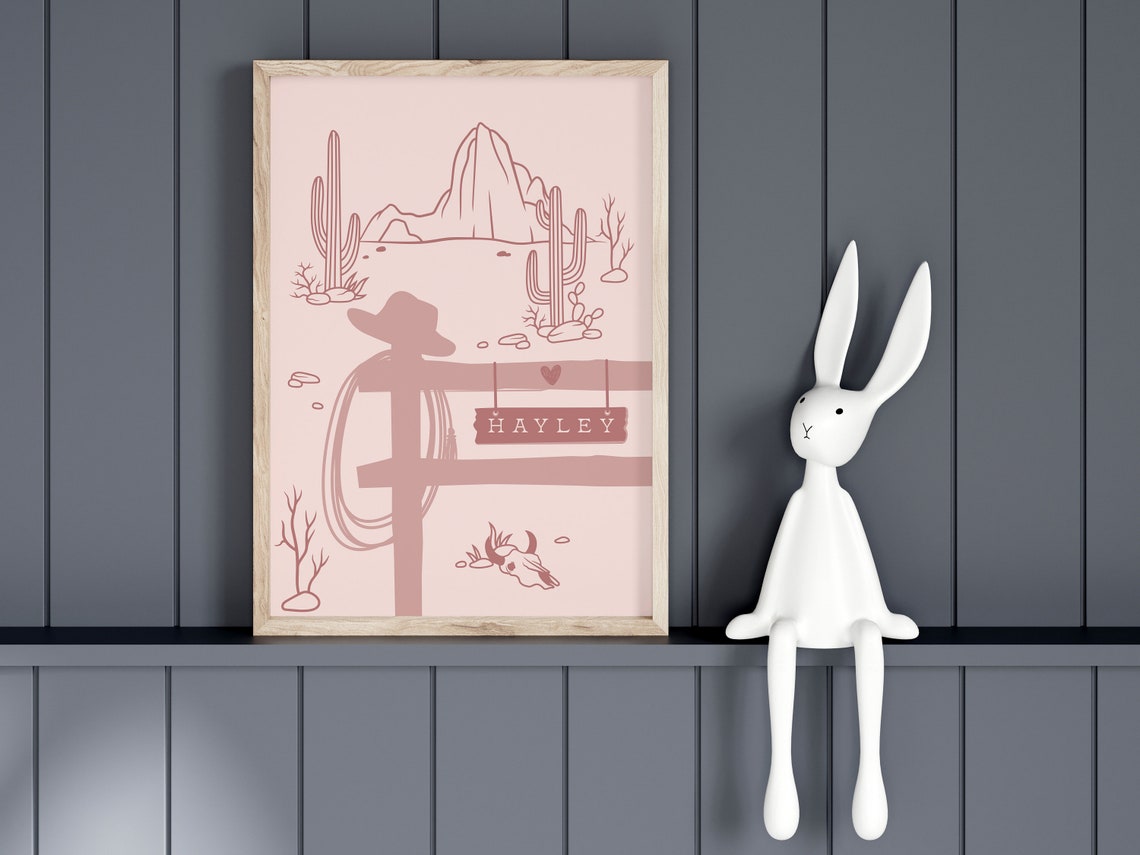Cowgirl Desert Scene With Name Sign Cactus Ranch Nursery Decor Poster