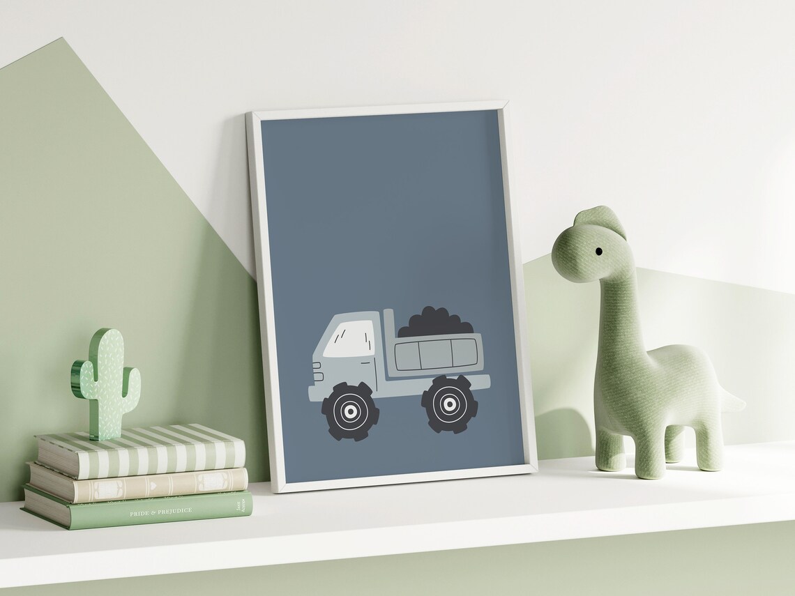 Gray Blue Dump Truck Nursery Kids Construction Vehicle Art Poster - Image 3