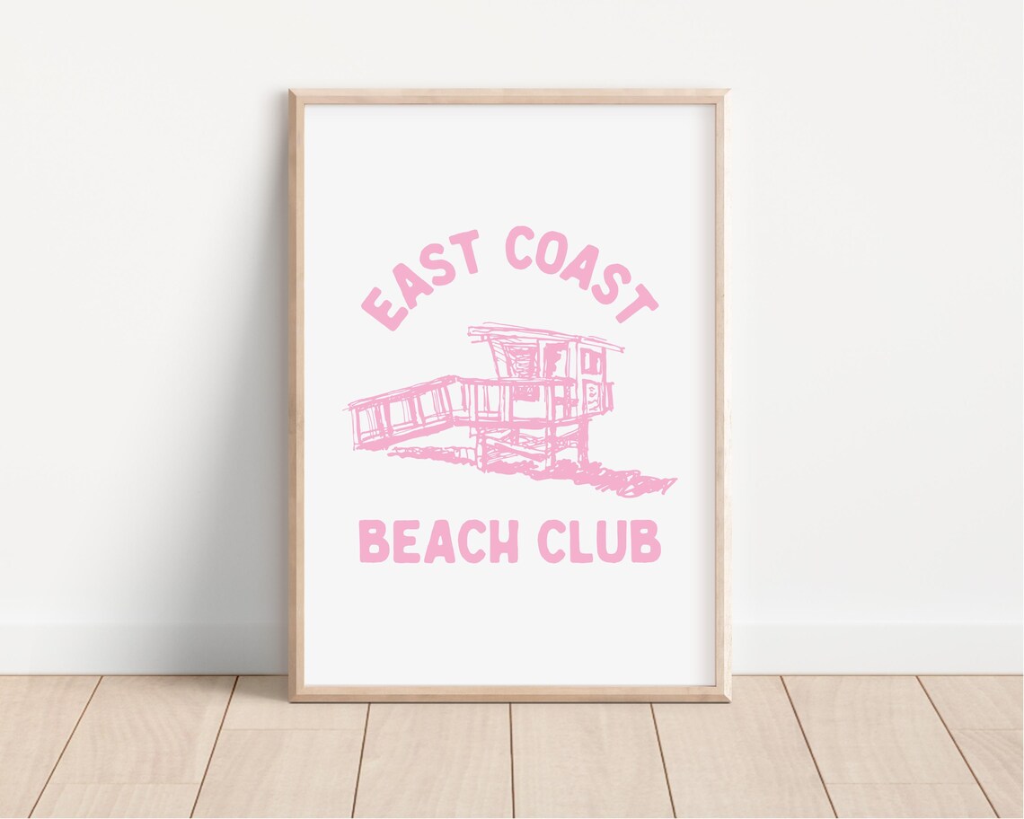 East Coast Beach Club Pink Lifeguard Tower Coastal Decor Poster - Image 2