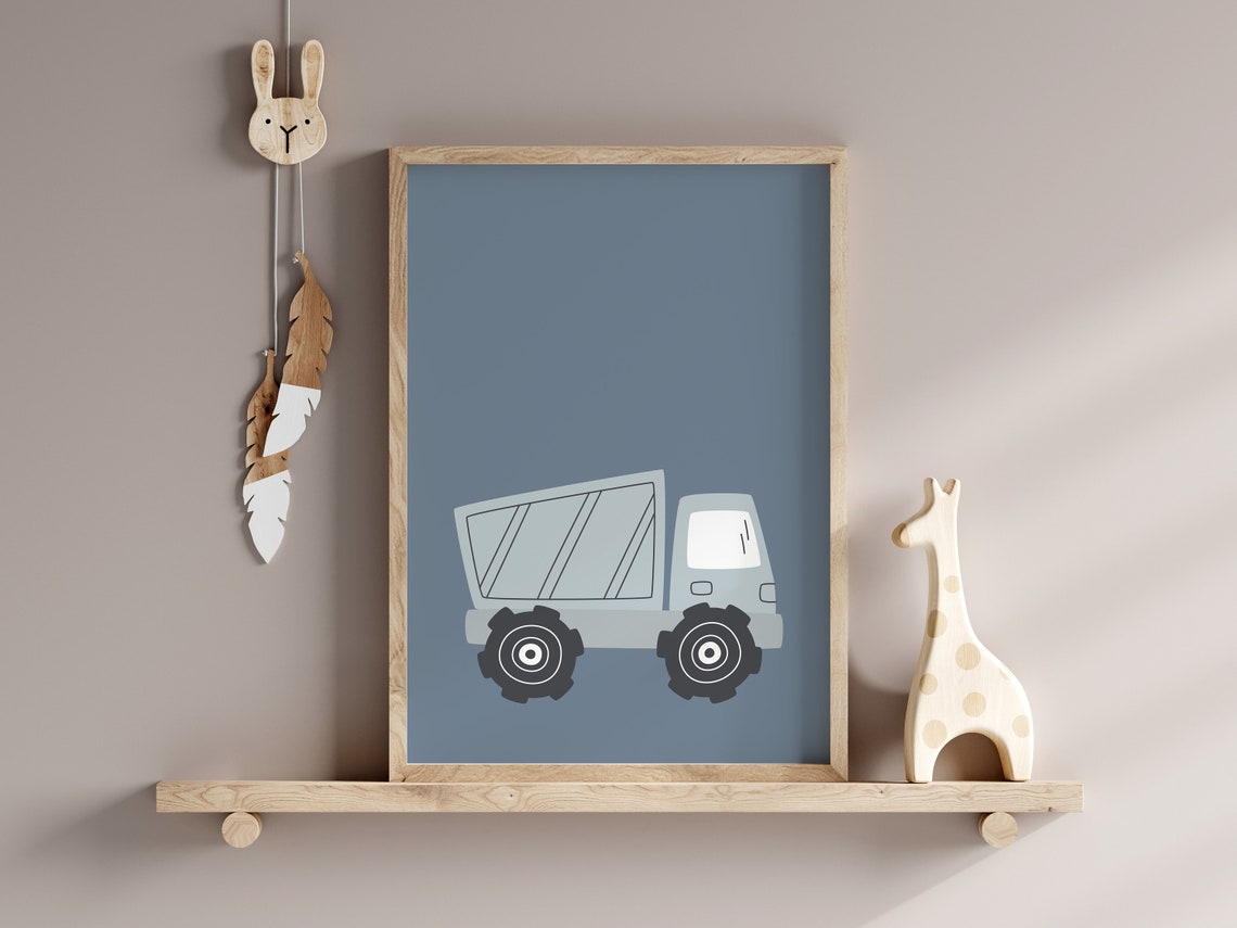 Dump Truck Boys Nursery Blue Construction Vehicle Kids Poster