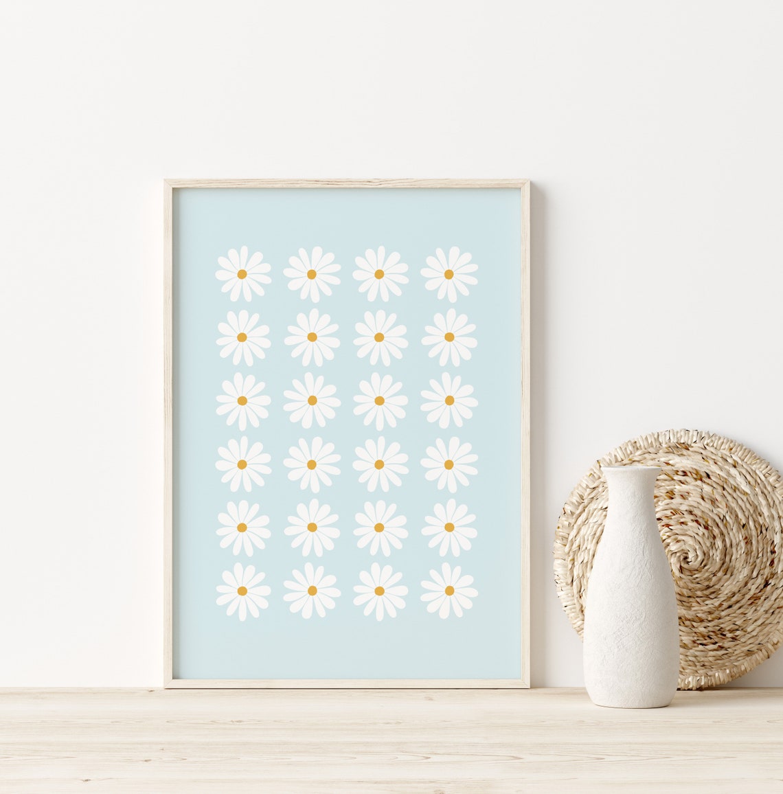 White Daisy Flower Grid Pale Blue Background Nursery Boho Poster