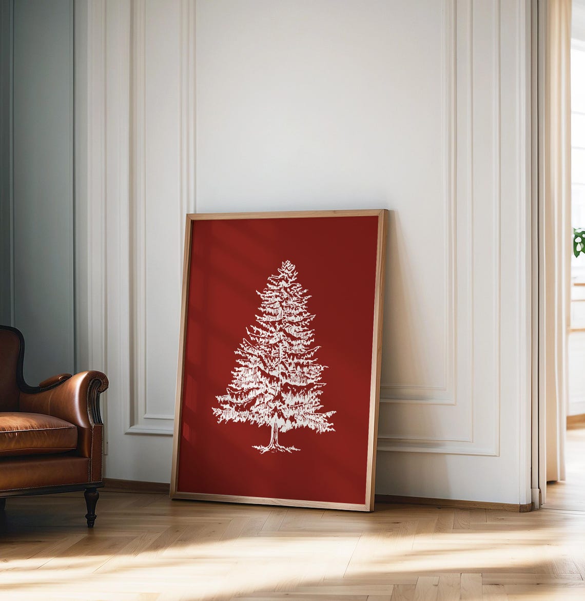White Pine Tree Red Christmas Minimalist Holiday Tree Poster - Image 2