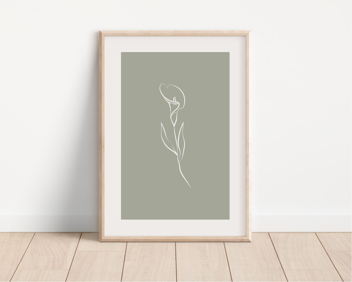Sage Green Botanical Poster Delicate White Line Flower Leaf Design - Image 2