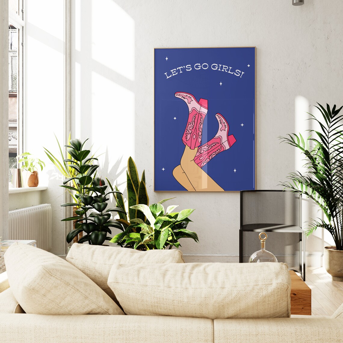 Let’s Go Girls Pink Cowboy Boots Navy Retro Western Dorm Print - Image 3