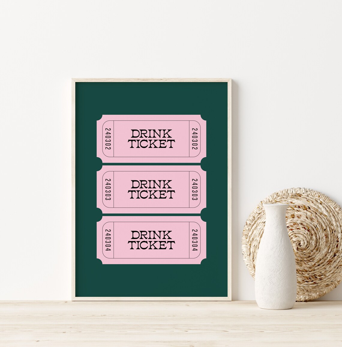 Pink Drink Ticket Trio Dark Green Retro Party Bar Print Decor