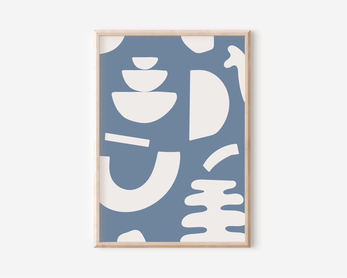 Dusty Blue Abstract Geometric White Shapes Modern Neutral Art Poster