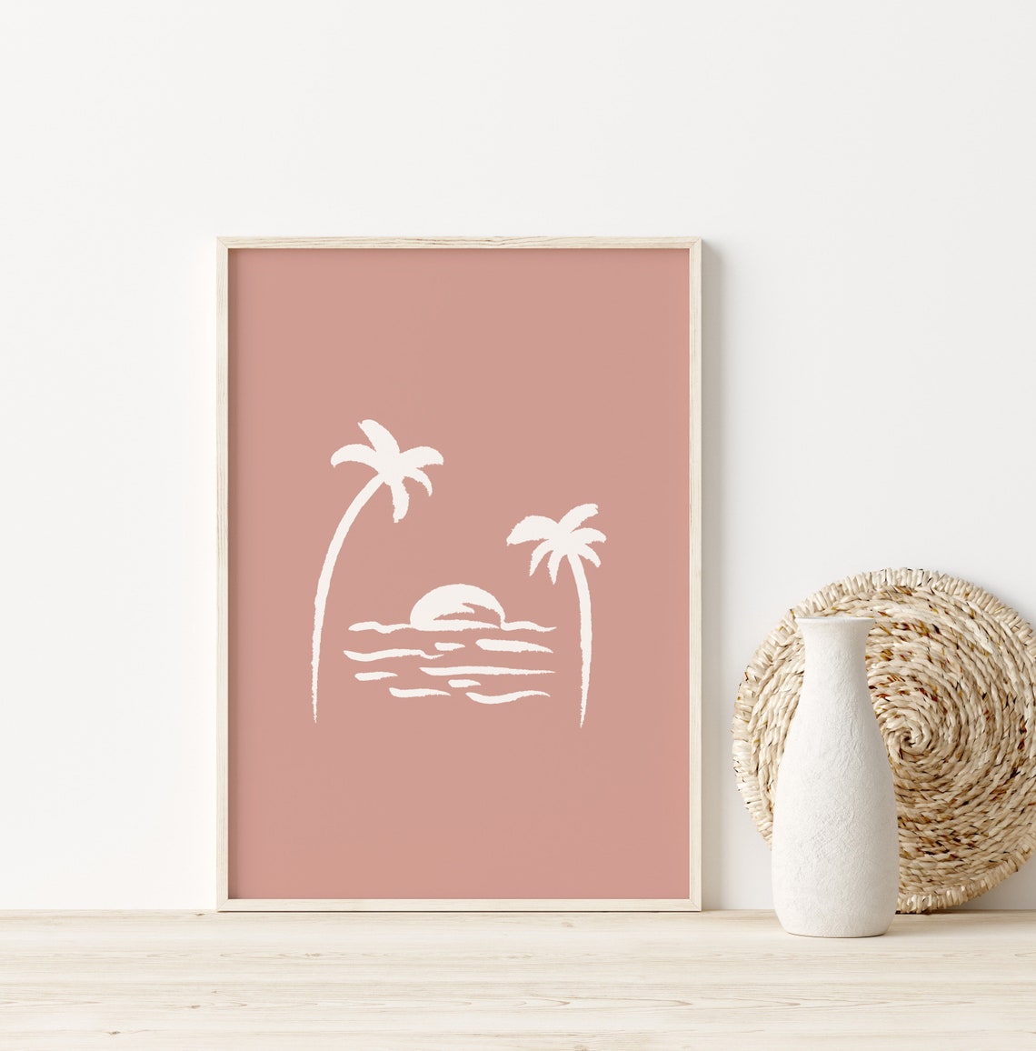 Palm Trees Sunset Ocean White Line Art Dusty Pink Beach Poster