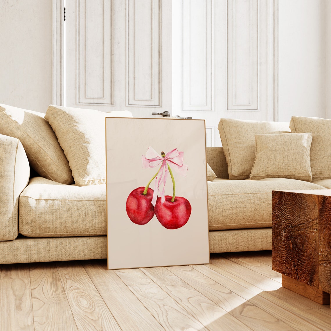 Red Cherries Pink Bow Watercolor Fruit Coquette Kitchen Art Poster - Image 3