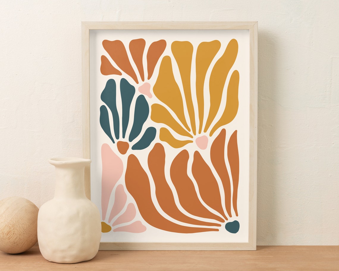 Colorful Abstract Botanical Rust Teal Boho Floral Living Room Poster - Image 2