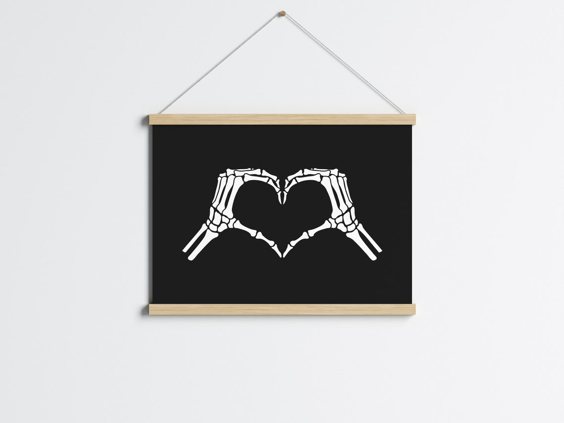 Skeleton Hands Heart White on Black Gothic Spooky Halloween Poster - Image 3